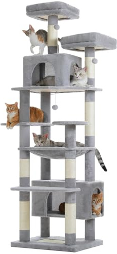 PAWZ Road Kratzbaum 205cm Katzenturm große Katzen Hängematte Sisalpfosten | für große Katzen, mit Hängematte, 7 Sisalpfosten, großer Sitzstange, Höhle, Körben, kratzbaum hoch für Indoor-Katzen, Grau