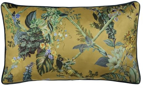 Laurence Llewelyn-Bowen Filled Cushion, Floral Pattern, Decorative Throw Pillow, 1 Piece, 30 x 50 cm, Gold, Recycled Polyester, Velvet