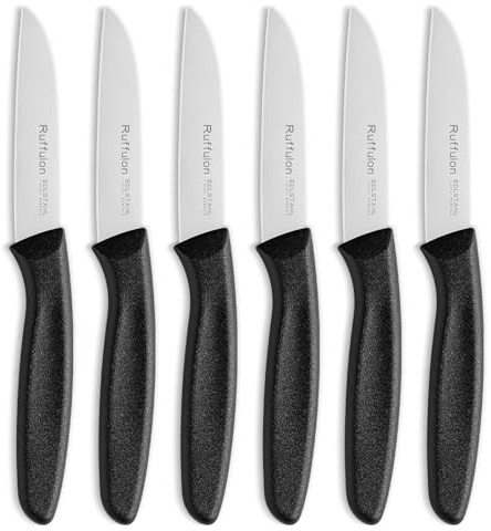 Ruffulon Small Kitchen Knife,6 Pieces,Stainless Steel,Straight Edge,Black | Paring Knife,Fruit Knife,Utility Knife,Sharp,Precision Peeling and Trimming,Dishwasher Safe,Cutting Fruit and Vegetable,8cm