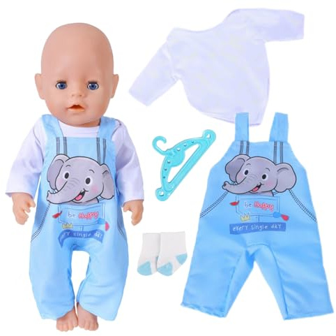 Babypuppenkleidung für 14-18 Zoll Babypuppen, 4 Stück 30-45cm Puppenkleidung mit 1 Gemeinsame Oberteile 1 Elefant Bänderhose 1 Socken 1 Kleiderständer Blau Puppen Zubehör für Geburtstagsgeschenk