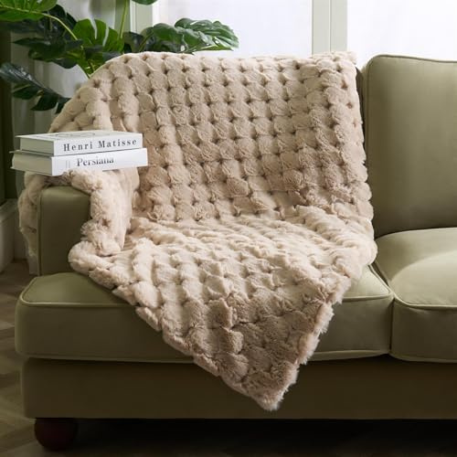 OHS Fleece Throw Blanket for Sofa, Soft Warm Cosy Jumbo Waffle Fur Fleece Blanket for Bed Decorative Single Throws Lightweight Large Throw Over Sofa Couch, Natural - 120 x 150cm