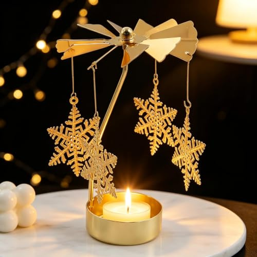 TENGWA Teelicht Karussell Schneeflocken Teelicht Pyramide Glücks-Windmühle | Weihnachtskarussell Teelichtständer Gold für Valentinstag Weihnachten Hochzeiten Partys und als Dekoration für Zuhause