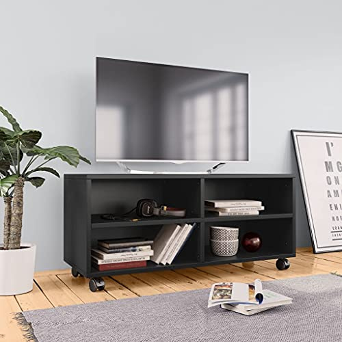 mtlskopl TV-Schrank Schwarz 90x35x35 cm Holzwerkstoff mit 4 offenen Fächern und 2 feststellbaren Rollen Modernes Design Robust und Langlebig für Wohnzimmer Büro Flur