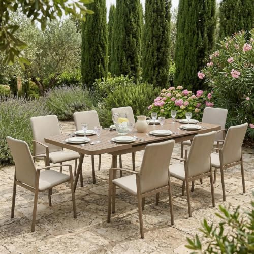Gartenmöbel Set SUNNY/VERANO mit 8 Stühlen, Champagner - Ausziehbarer Gartentisch bis 200 cm, stapelbare Stühle, wetterfest & UV-beständig, pflegeleichte Outdoor Essgruppe für Garten & Terrasse