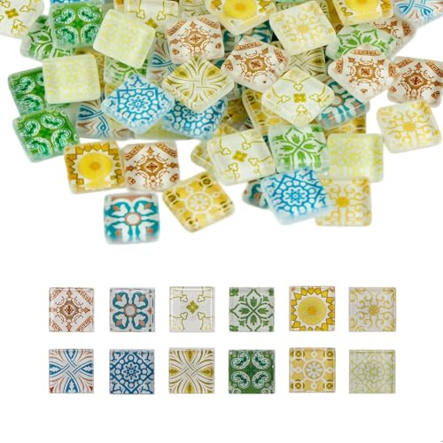 SIXHAOBU 81 Pieces Mosaic Tiles, Mixed Color Crystal Mosaic Tiles, Mosaic Tiles Contains 12 Different Printed Patterns, DIY Square Glass Mosaics for Frames, Vases, Coasters,Pen Holder,Home Decorations