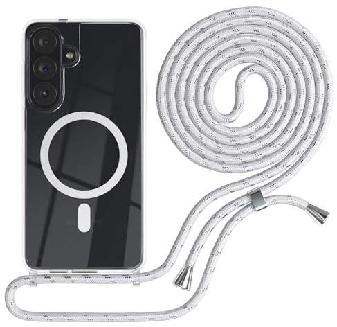 EAZY CASE - Handykette kompatibel mit Galaxy S26 Plus Kette zum Umhängen Stoßfest Handyhülle für Galaxy S26 Plus Silikon Hülle mit Band Handytasche Transparent als Fallschutz in Weiß/Silber