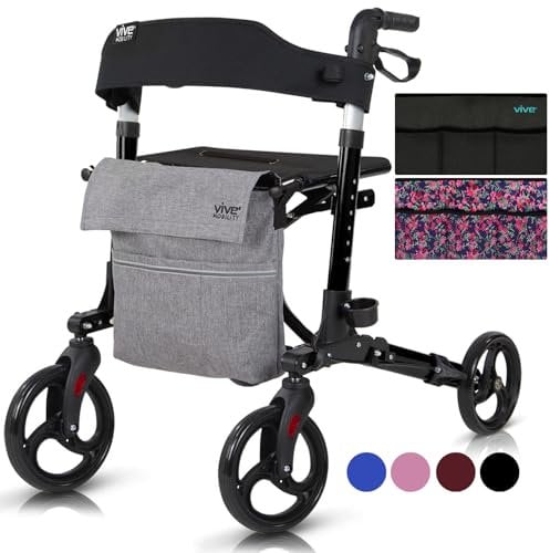 Vive Mobility Rollator Walker with Seat- Folding 4 Wheel Medical Rolling Walker with Bag - Mobility Aid for Adult, Senior, Elderly & Handicap - Aluminum Transport Chair