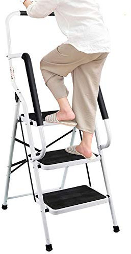 Klappbare, rutschfeste 3-stufige Metall-Stahlleiter mit Sicherheits-Handlaufschiene und rutschfester Matte, einfach zu verstauen, für Zuhause, Küche, Garten, Büro, 150 kg Kapazität
