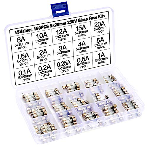 WiMas 150 STÜCKE 5x20mm Glasrohrsicherung, Fast Glow Glas Feinsicherung Set mit Box 0.1-20A