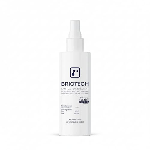 BRIOTECH Sanitizer Disinfectant Hypochlorous Spray, Kill 99.99% of Viruses & Bacteria, Control Mold, Eliminate Odor, Gentle for Nurseries, Food Contact Surface Sanitizer, 2 fl oz Travel Size