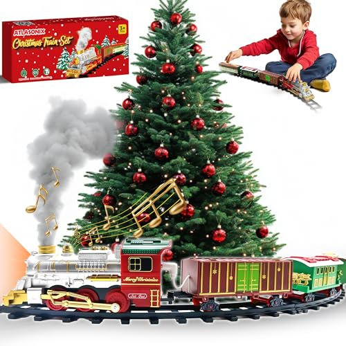 Atlasonix Christmas Train Set for Around The Christmas Tree, Light Up Christmas Tree Train Set-Around the Tree Xmas Tree Train Set, Train Track for Christmas Tree, Santa Train Set with Sound - Gold