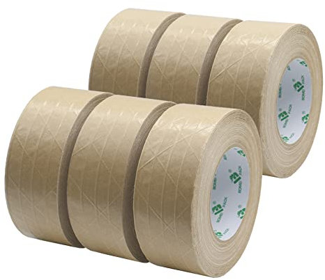 BOMEI PACK Reinforced Kraft Paper Tape Strong Brown Paper Gummed,6 Pack 48mm x 50m,Self Adhesive Recyclable Packaging for Heavy Duty Packing Moving and Storage
