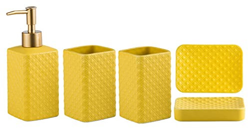 Set di accessori da bagno in ceramica, set di accessori da bagno di lusso, dispenser per sapone/lozione, tazza per spazzolino da denti, portasapone, per casa, hotel, bagno, piano di lavoro (giallo