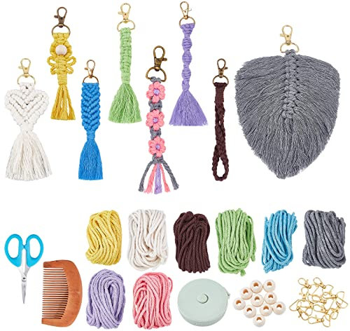 INFUNLY 10 Set Makrame Schlüsselanhänger DIY Kits Mini Boho Schlüsselanhänger Tasche Charms Makrame Schlüsselanhänger Armband mit Quasten für Auto Schlüssel Geldbörse Telefon