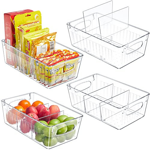 Kootek 4 Pack Refrigerator Organizer Bins with Removable Dividers, Clear Transparent Plastic Stackable Food Storage Bins for Fridge, Kitchen, Cabinet