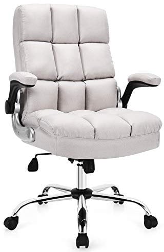 COSTWAY Executive Office Chair, Ergonomic High Back Swivel Computer Desk Chairs with Flip-up Armrests, Linen Padded Height Adjustable Rolling Manager Task Chair for Home Office (Beige)