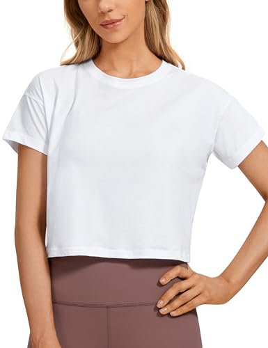 CRZ YOGA Damen Kurzarm Sport Tshirt Loose Baumwolle Fitness Crop Top Sommer Gym Workout Cropped Oberteile Weiss 40