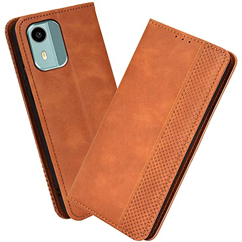 XINNI Protective Phone Case for Nokia C12, PU/TPU Vintage Flip Leather Shockproof Cover Magnetic Book Style Wallet, Brown