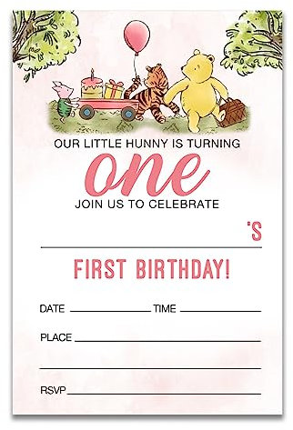 Dolimifa Einladungskarten zum 1. Geburtstag, Motiv Winnie Puuh, zum ersten Geburtstag, 20 Stück mit Umschlägen, Rosa