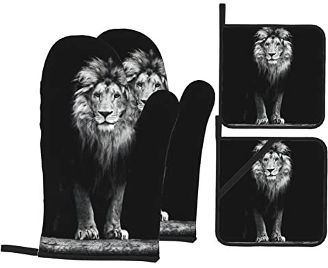 Opsrey Wiederverwendbare Küchenhandschuhe mit Löwen-Motiv, Topflappen und Topflappen, 4 Stück