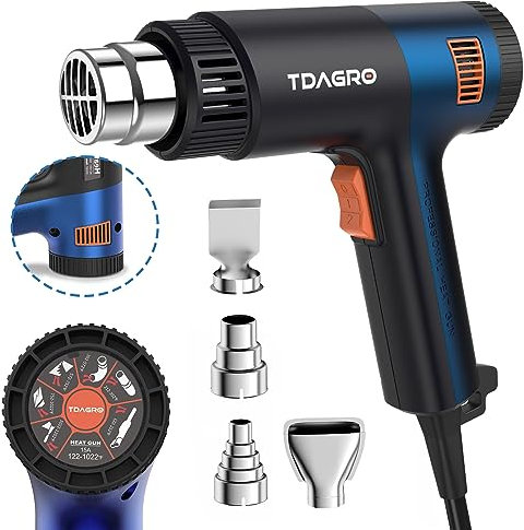 TDAGRO - 1800W DIY Heat Gun, 164℉~1400℉, Variable Temperature Control with 2 Temperature Settings, 4 Nozzles, 1.5 Fast Heating Blue Heat Gun