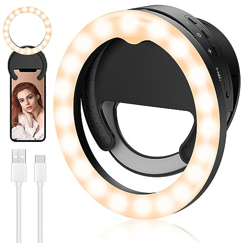 RealPlus Ringlicht Handy, Drehbares Ring Light Mit Clip[wiederaufladbar], Geschenk für Frauen, Selfie Licht Mit 3 Beleuchtungsmodi & 5 Helligkeit, Für Laptop, Video, Streaming, Youtube Tiktok, Schwarz