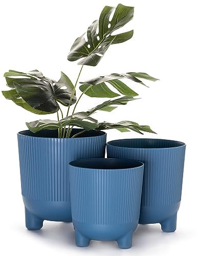 Home Garden Ornaments Trio Plant Pots Indoor – Set of 3 (14cm, 16cm, 18cm) Decorative Indoor Plant Pot on Stands, Flower Pots on Legs (Colour: Navy Blue)