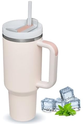 TUMBLERRY H2.0 – Gobelet avec paille et couvercle – Tasse isotherme en acier inoxydable avec poignée – Tasse à café de voyage pour boissons chaudes et froides de 1 200 ml (crème ivoire)