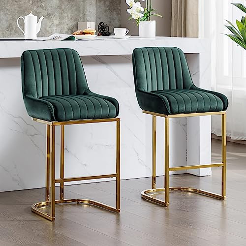 Wahson Desayuno Bar Juego de 2 Taburetes de Bar Terciopelo con Respaldo, Sillas de Bar Modernas Estructura Dorada para Isla de Cocina/Resturante, Verde