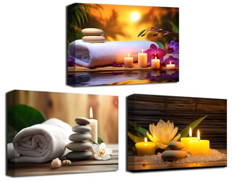 CXHOSTENT Zen Leinwandbild 3-teilig Zen Steine Kerzen und Badetuch Kunstdrucke Spa Massage Behandlung Bilder für Yoga Zimmer Badezimmer Dekor (C, 30.00 x 40.00 cms x 3PCS)