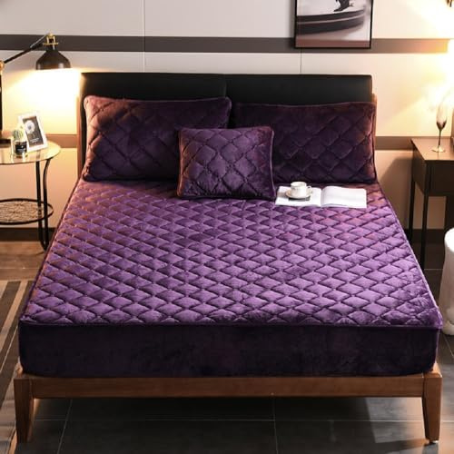 Sedefen Spannbettlaken 150x200 cm Violett Biber Warme Flannell ＆ Füllung Baumwolle Bettlaken Flauschige Kariertmuster Cashmere Touch Boxspringbett Spannbetttuch für 25 bis 30cm Matraze