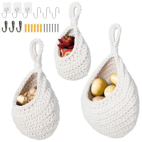 HonGien 3PCS Wall Woven Storage Basket, Wall Basket Teardrop Hanging Basket, Hanging Vegrtable Fruit Baskets for kitchen, With Three Sizes and Three Kinds of Hooks (White)