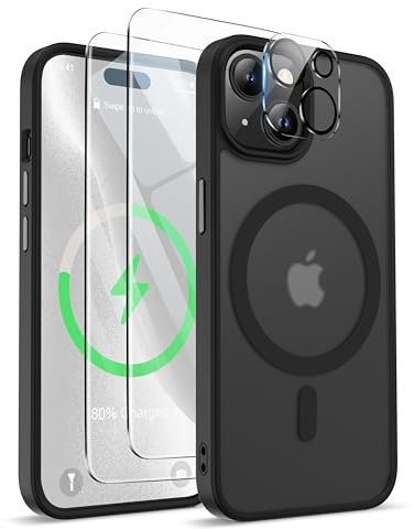 ORETECH Magnetisch für iPhone 15 Hülle mit [2 Schutzfolie+1 Kameraschutz][Kompatibel mit Mag-Safe] Anti-Kratzer Stoßfest Transluzente Rückseite Magnetisch Handyhülle für iPhone 15 Schwarz