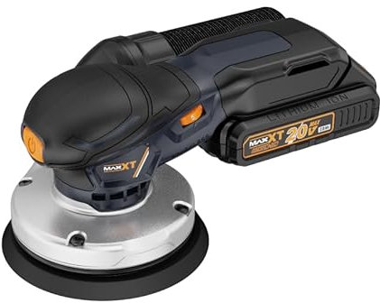 MAXXT 2.5mm Ponceuse excentrique sans balais - sans fil, batterie lithium-ion 20V (2.0Ah), vitesse variable 4000-10000 tr/min, 10 disques de ponçage (125mm) inclus pour le bois