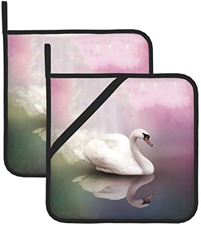 Quadratische Topflappen mit Tasche, Motiv: Weißer Schwan, hitzebeständig, 2 Stück