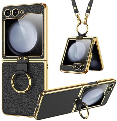 Miimall Lederhülle Kompatibel mit Samsung Galaxy Z Flip 5 Hülle mit Kameraschutz, [Tragbar Band+Ring+Ständer] Galvanisierter Rahmen Stoßfest Schutz Case für Galaxy Z Flip 5-Schwarz