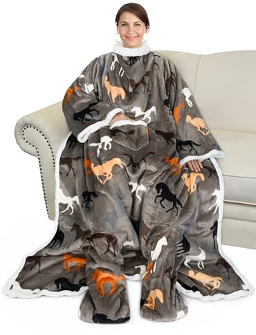 Catalonia Sherpa Wearable Blanket with Sleeves & Foot Pockets for Adult Women Men, Comfy Snuggle Wrap Sleeved Throw Blanket Robe, Gift Idea, Taupe Horse