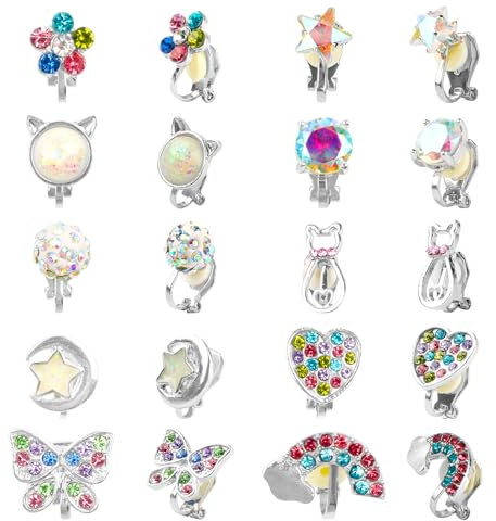 FIHODONE 10 Paar Ohrclips Mädchen Hypoallergene,Clip Ohrringe Mädchen Herz Stern Blumen Regenbogenohrclips Damen Ohne Ohrlöcher Katze Kreis Schmetterling Sterne und Mond,Clips Ohrringe Schmuck