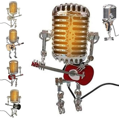Emottle Mic Robot, Vintage Microphone Guitar Robot Lamp, Music Gifts for Men, Cool Gifts for Music Lovers, Vintage Light Home Decor Nightstand Desk Lamp for Bedroom, Music Studio(Red)