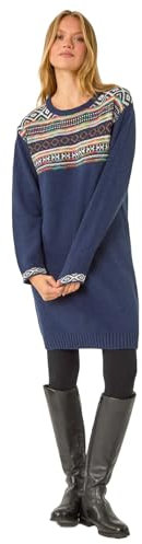 Roman Thick Jumper Dress for Women UK Ladies Fairisle Aztec Knitted Knit Sweater Knitwear Autumn Winter Holiday Round Neck Long Sleeve Soft Knee Length Sweat Warm Thick - Navy - Size 18