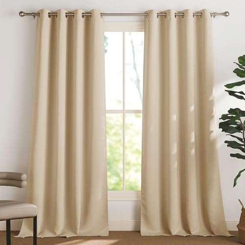 PONY DANCE Thermovorhang gegen Hitze Verdunkelnde Gardinen Beige 2er Set | H350 x B140cm, Vorhänge Abdunkelnd, Hitzeschutz, Sichtschutz, UV-Schutz, Ösenschal, für Schlafzimmer Wohnzimmer Esszimmer