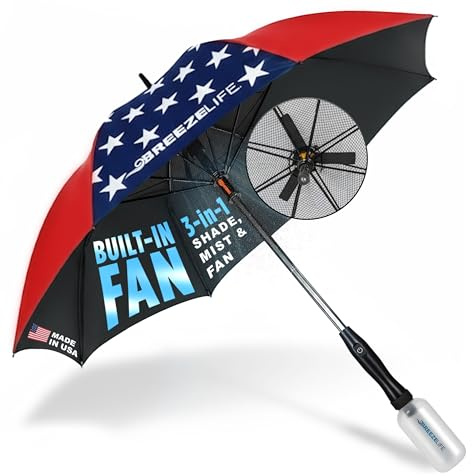Breeze Life Original Mister Breeze (Amerikanische Flagge) - Sonnenschirm mit Ventilator und Nebelspray - Tragbarer Fächerschirm mit Nebel, 104,1 cm UV-Schatten, 3-4 Stunden Laufzeit - Ideal für