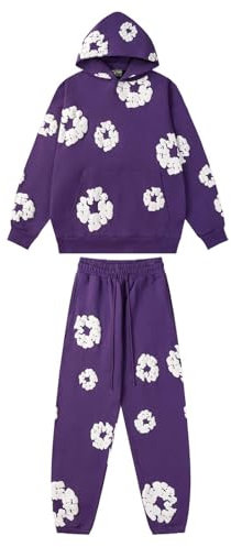 ZHGPUFF 2 Pezzi DT Tuta Uomo e Donna Felpa con Cappuccio e Pantaloni Tuta Uomo e Donna Y2K Felpa con Cappuccio Stampa Fiori Pantaloni, casual Sweatsuit Set(Viola,M)