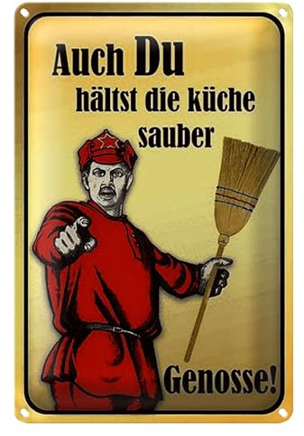 Retro Blechschild | Auch DU hältst die Küche sauber | Genosse! | 12 cm x 18 cm