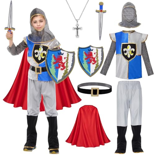 TOSZOLY Ritter Kostüm Kinder, Mittelalter Kostüm mit Umhang Ritterhelm Schwert Schild, Geschenk für Jungen, Faschingskostüme Kinder, Ritter Kostüm für Cosplay Karneval Party
