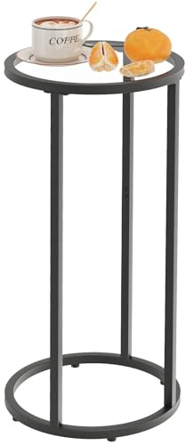 Table d'appoint ronde, table d'appoint en verre trempé, table d'appoint en verre trempé avec cadre en métal, table de chevet pour canapé, table de chevet pour petit espace (noir)