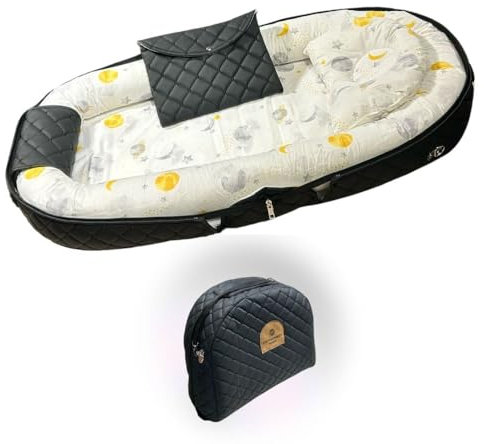 Gowoll Babynest mit Tragegriff 96 x 50 cm 100% OEKO TEX Premium für Neugeborene Babynestchen Reißverschluss Baumwolle Reisebett mit Zubehörtasche Tragbares Nestchen Baby Bett(Schwarz)