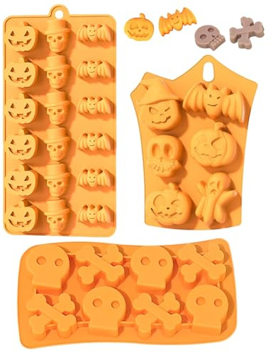 BNREOZA 3 Stück Halloween Silikon-Kuchenformen, DIY Silikonformen, Teufelskürbis-Backformen, Gruseliger Kürbis-Geist-Skelett-Silikonformen für Party-Kuchen, Süßigkeiten