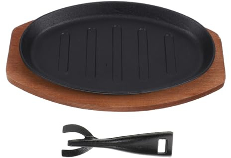 LIFKOME Cast Iron Sizzling Steak Plate Wooden Base 12-inch Griddle Pan Teppanyaki Fajita Serving Set for Bbq Cooking and Beef Serving