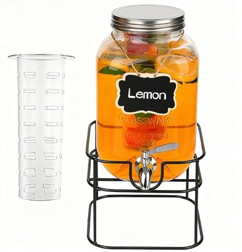 Deefongo 4L Glas Getränkespender mit Ständer, Edelstahl Zapfhahn | Glas-Getränkespender, mit Edelstahlhahn, für Saft & Wasser, Party & Buffet